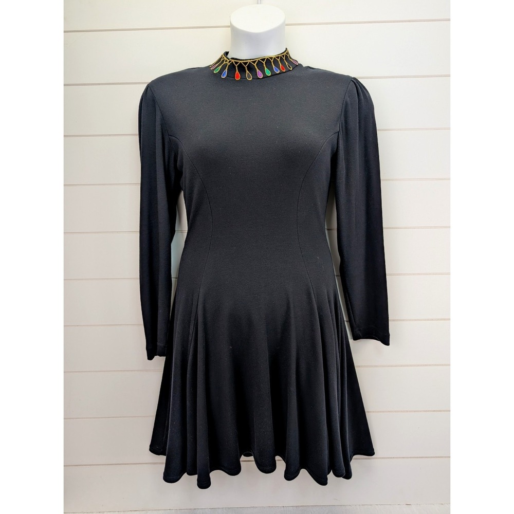 Vintage Holiday Dress Women Medium Black 90s Christmas Lights Shoulder Pads Knee